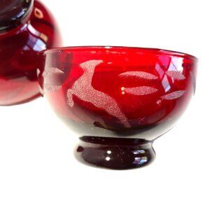 Etched Deer Bowls 2 Red Glass Sherbet Anchor Hocking? Baltic? Holiday Christmas